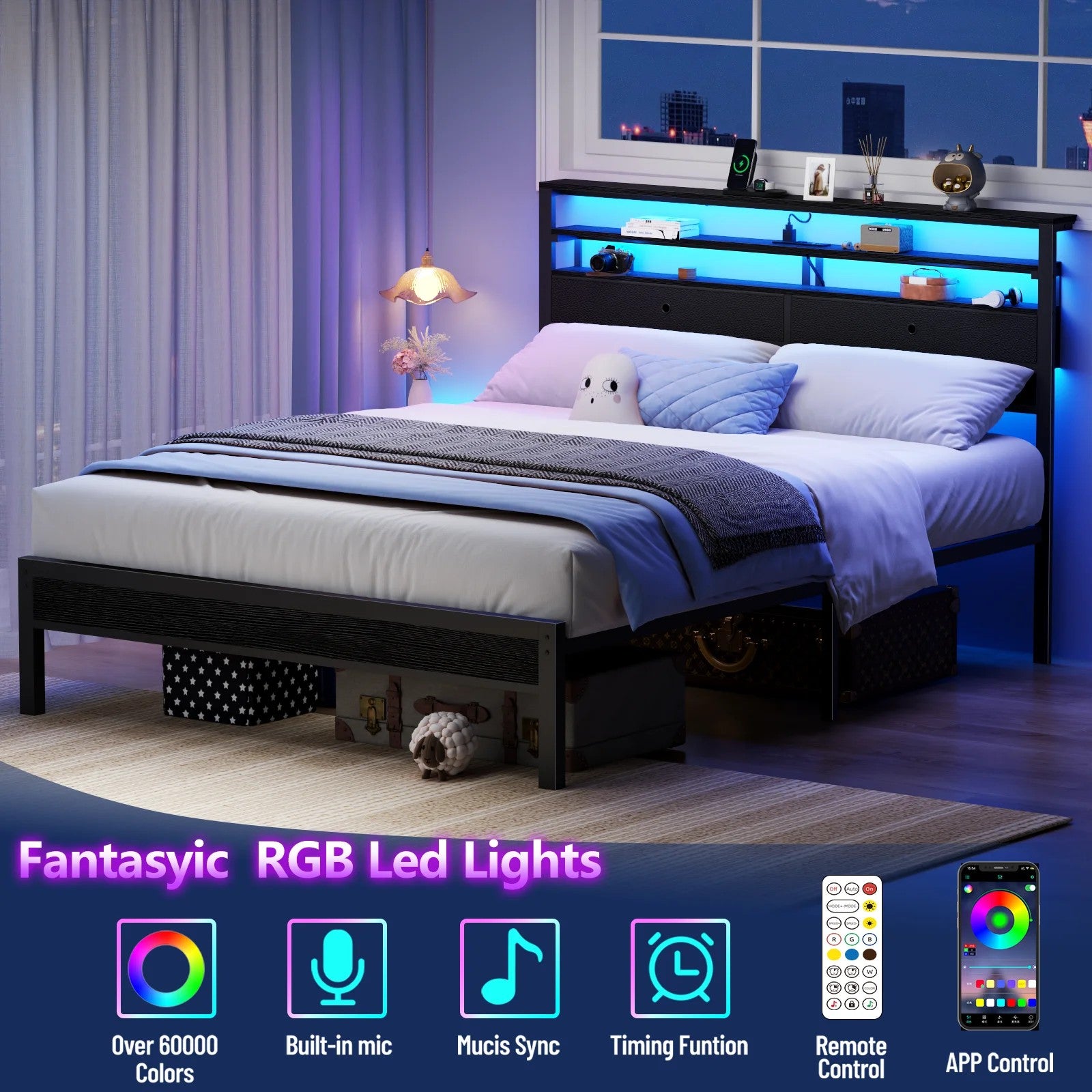 Bed Frame with 2 Storage Drawers Headboard, LED & Charging Station, Black oack
