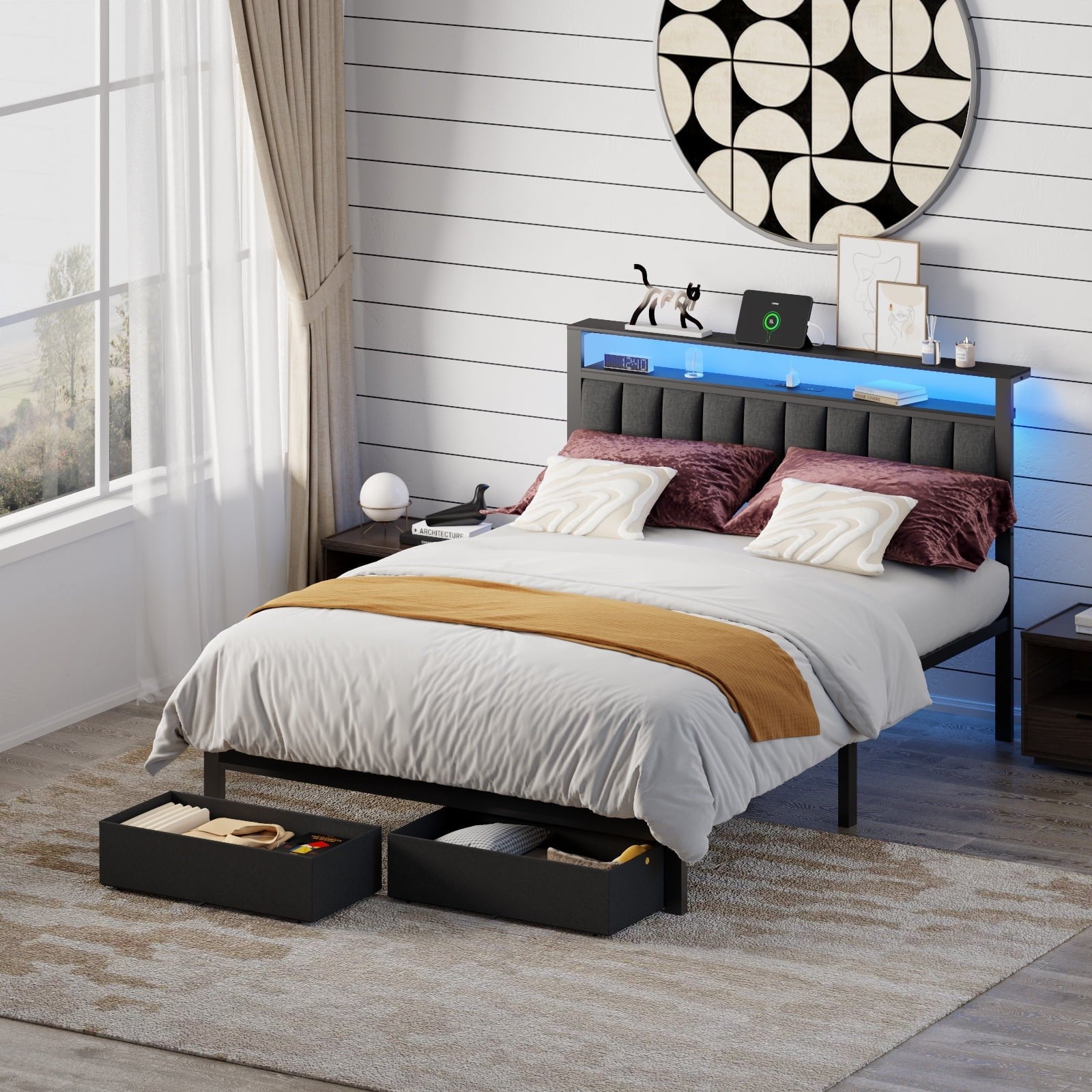 Bed Frame with 2 Drawers & Storage Headboard, Platform Metal Bed with 2 USB Ports and Outlets, No Box Spring Needed