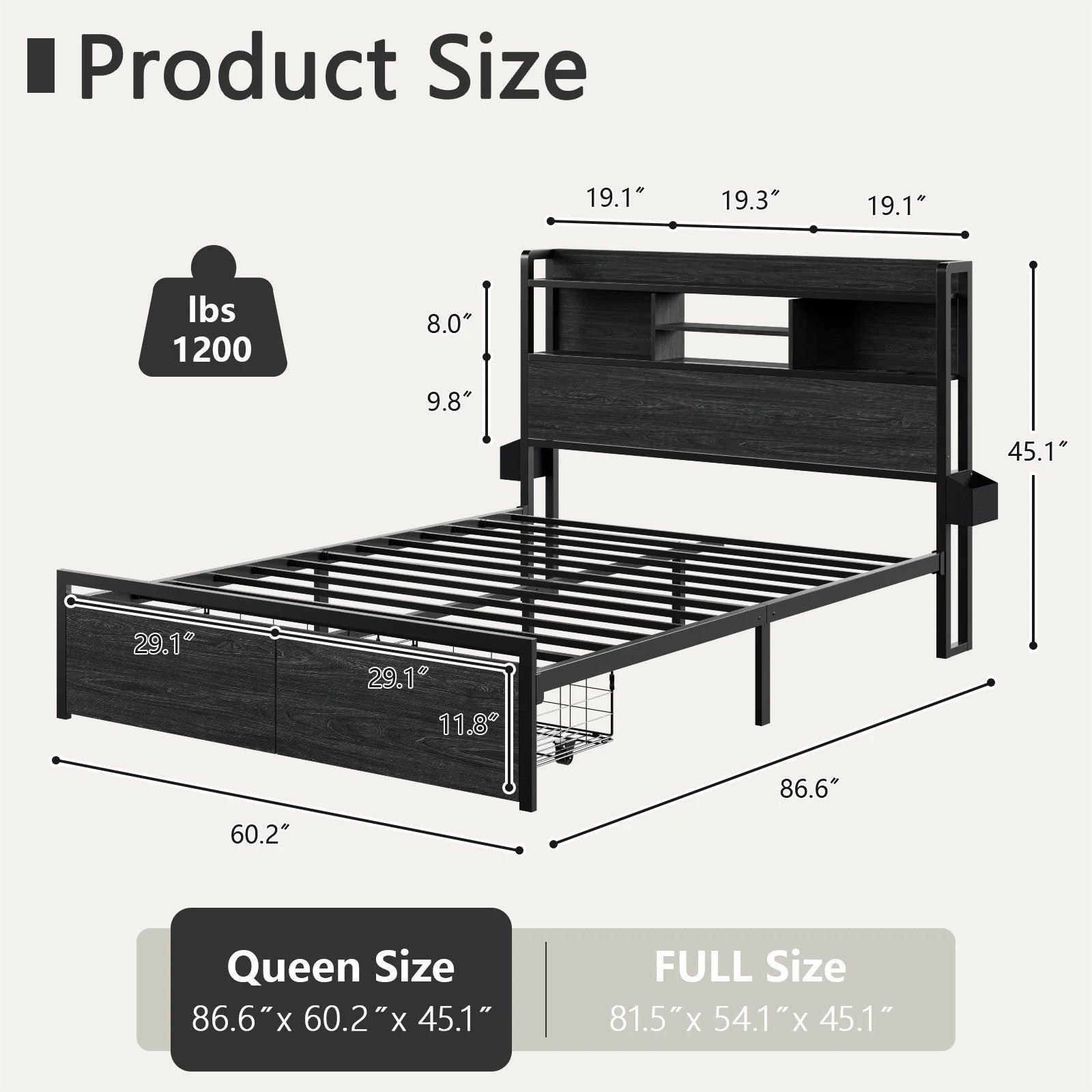 Queen Size LED Metal Bed Frames Built-In Charging, Platforrm Storage Bed Frames Under-bed Storage and Noise Free Design