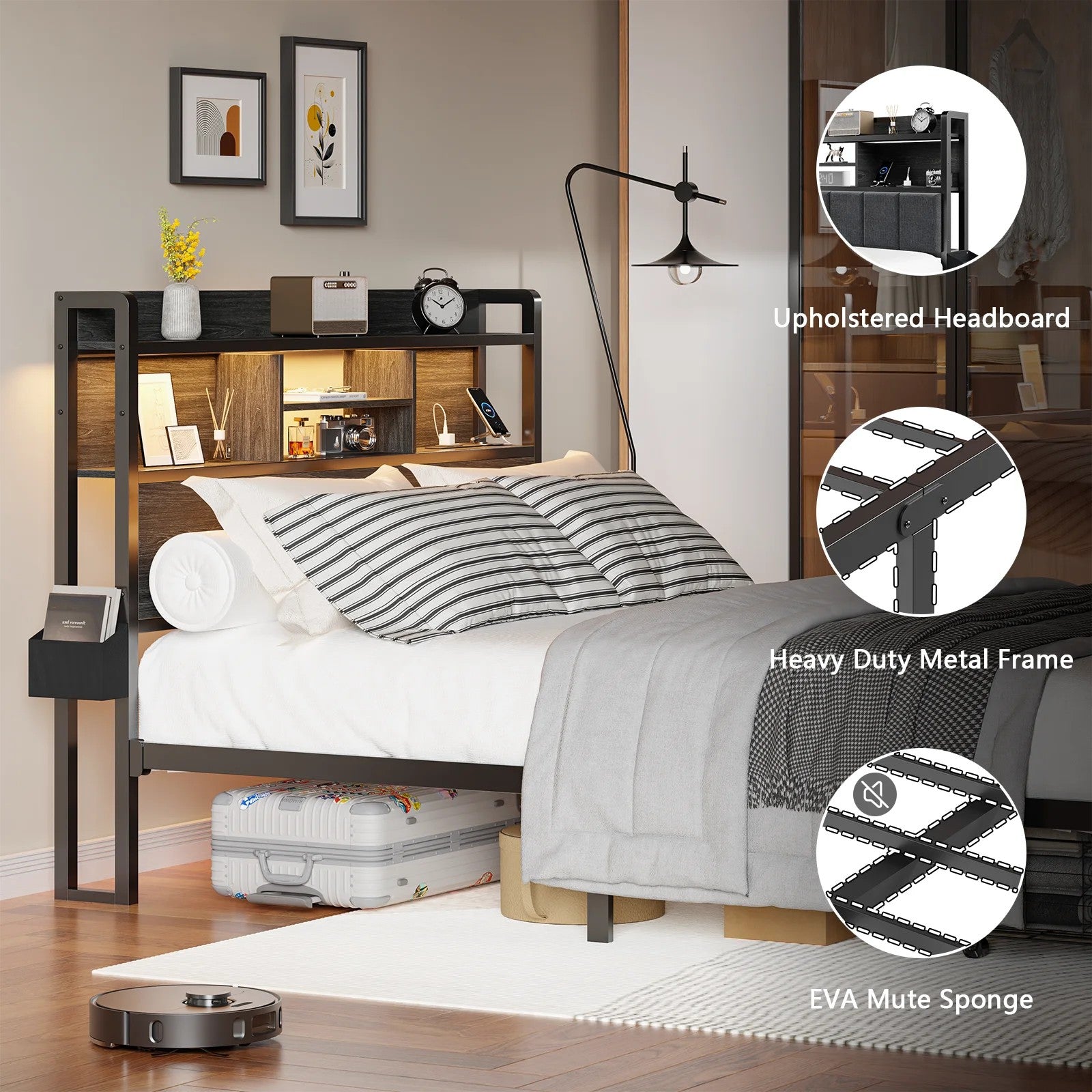 Queen Size LED Metal Bed Frames Built-In Charging, Platforrm Storage Bed Frames Under-bed Storage and Noise Free Design