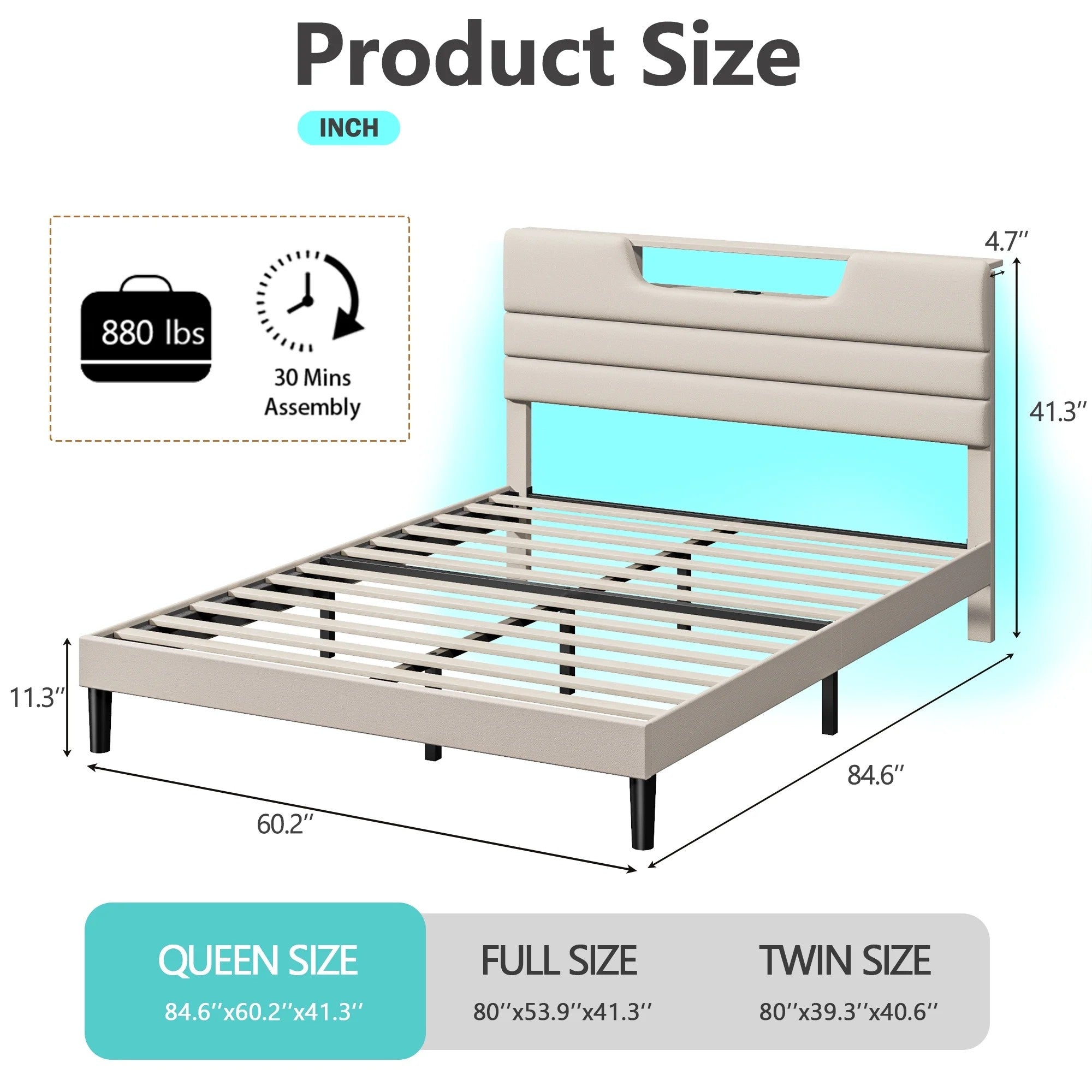 Beige Fine Linen Fabric Bed Frame with Upholstered Headboard & Charge Station, Queen Size Bed Frame with LED Lights, No Box Spring Needed
