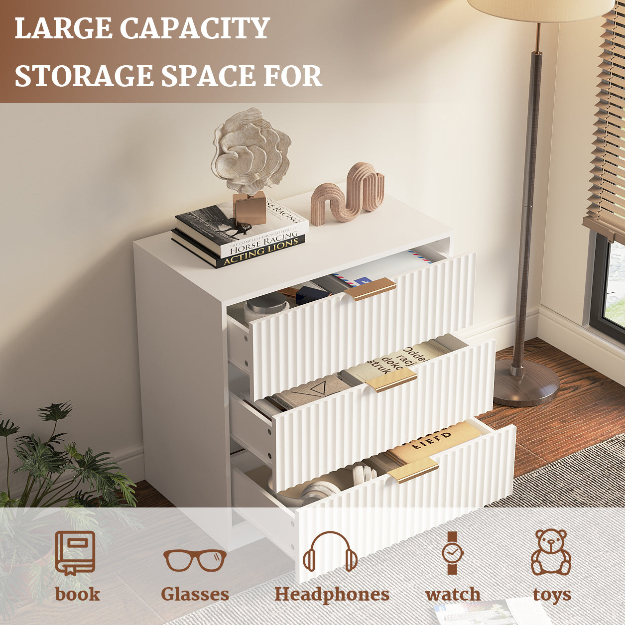 27 Inch Wide White Nightstand 3 Drawer Wood Bedside Table Storage Modern Fluted Accent Cabinet Large Bedroom Dresser End Table Home Furniture Unit