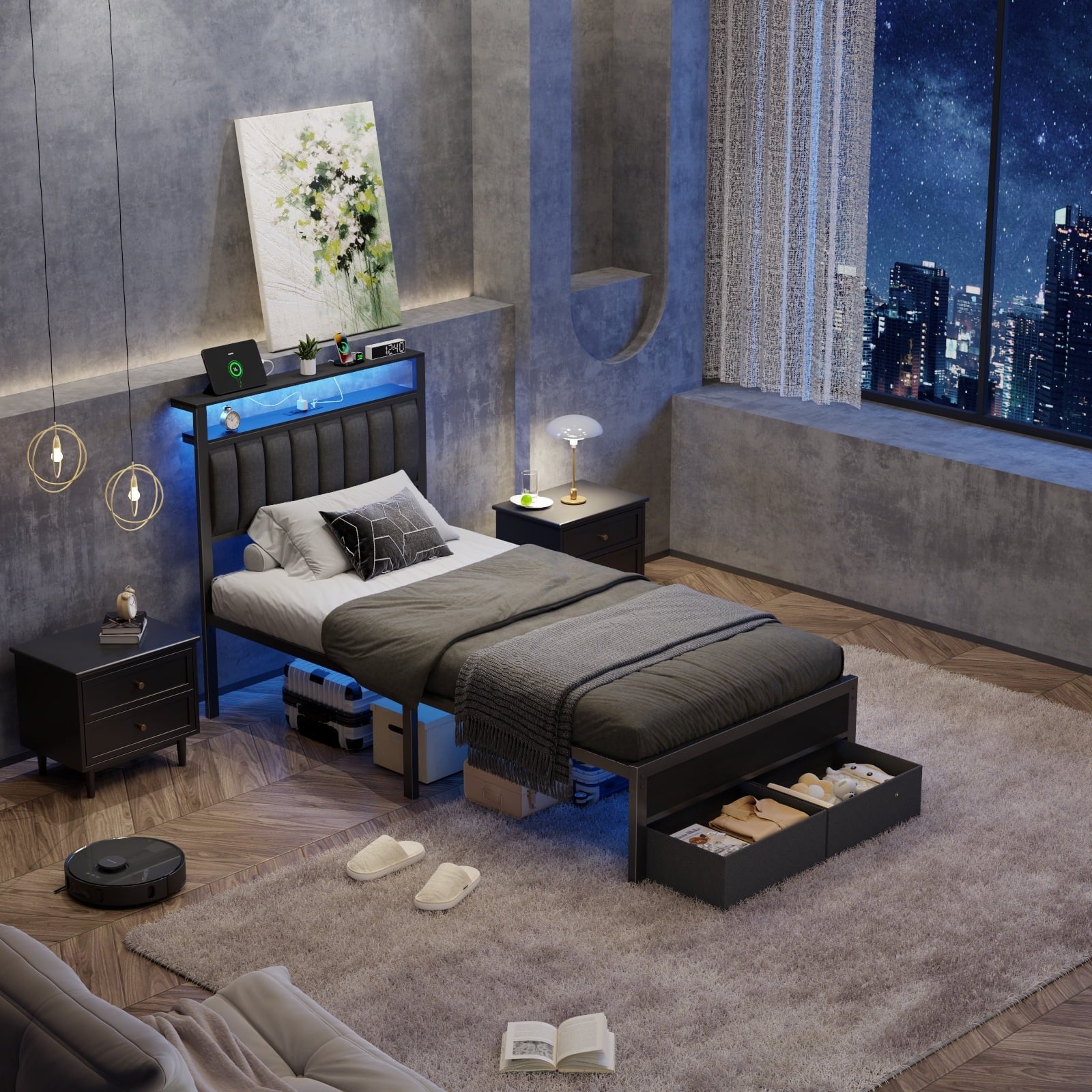 Bed Frame with 2 Drawers & Storage Headboard, Platform Metal Bed with 2 USB Ports and Outlets, No Box Spring Needed