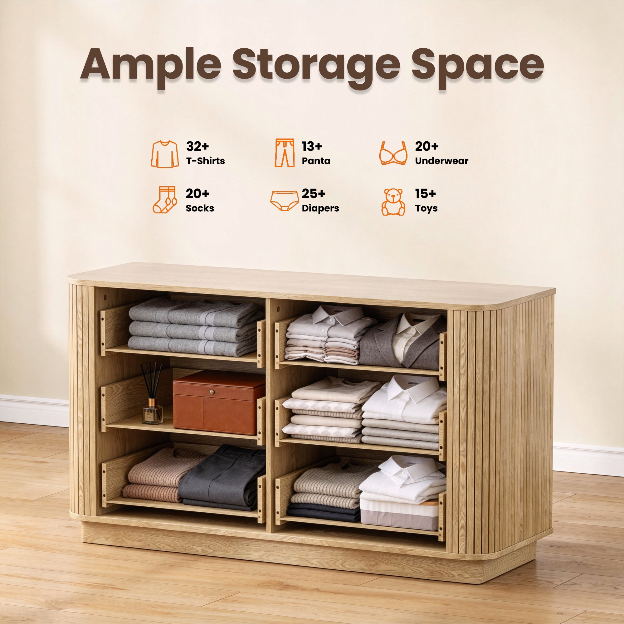 Qwatto 6 Drawer Double Dresser Mid Century Modern Fluted Wood Chest of Drawers Curved Profile Wide Bedroom Storage Organizer Cabinet for Nursery Oak