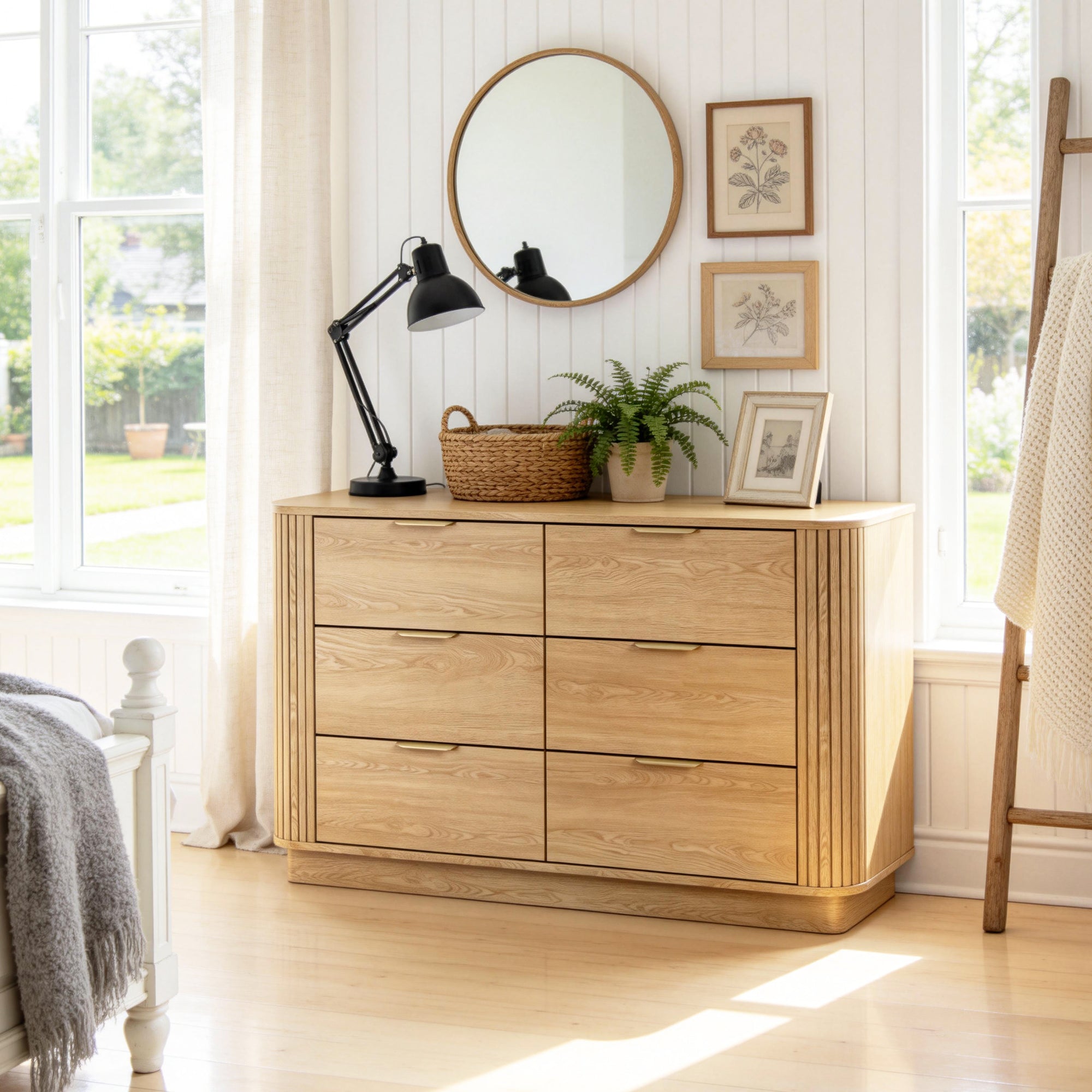 Qwatto 6 Drawer Double Dresser Mid Century Modern Fluted Wood Chest of Drawers Curved Profile Wide Bedroom Storage Organizer Cabinet for Nursery Oak