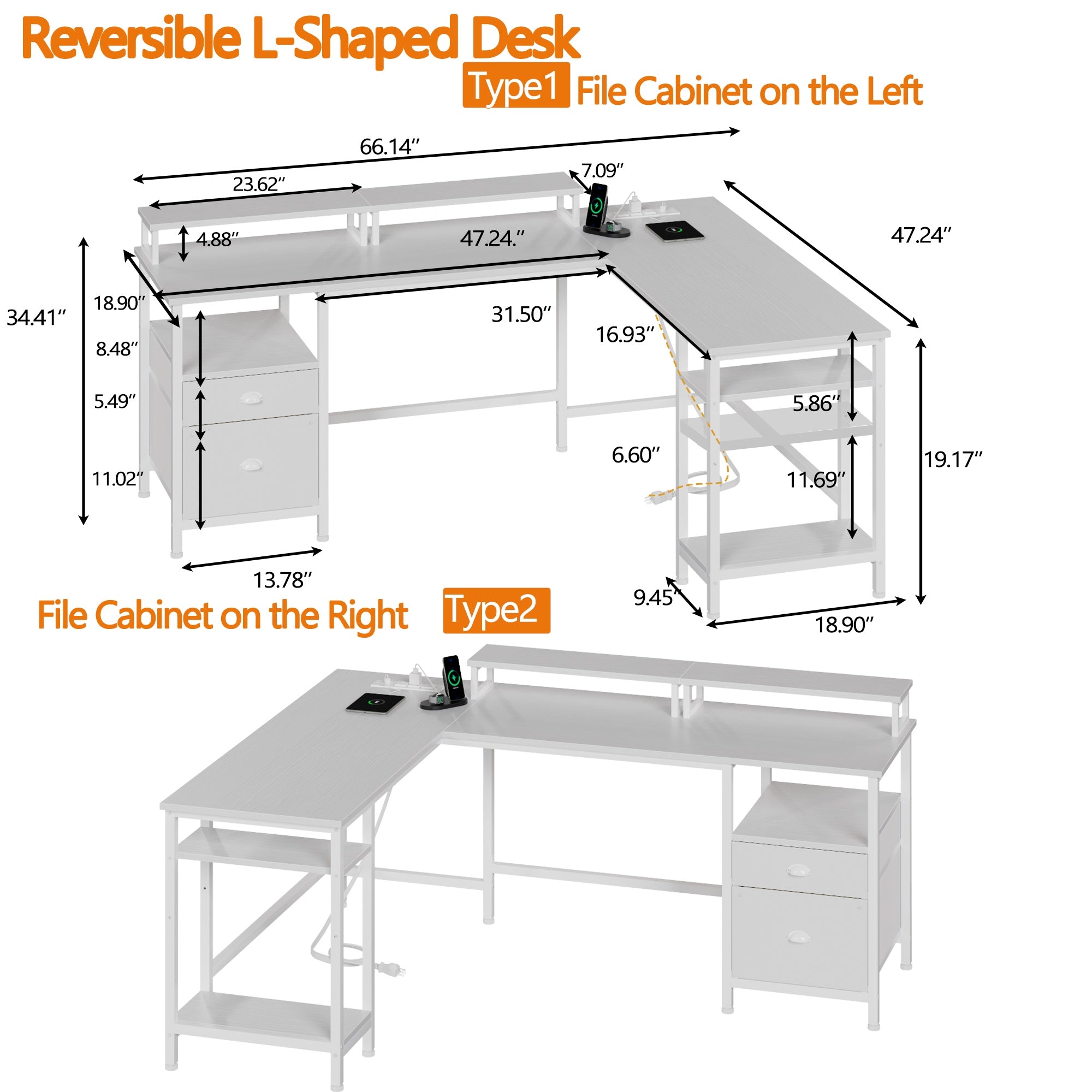 Furnulem 59 inch and 66 inch L-Shaped Metal Base Computer Desk with Power Outlet, Computer Desk with Monitor Stand & Charging Station